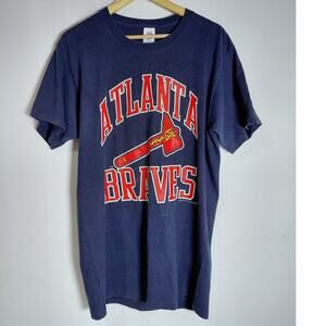 Vintage LOGO 7 Atlanta Braves Graphic Print T-Shirt Blue Knit arge Short Size L